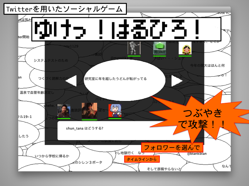 Twitterを用いたソーシャルゲーム「ゆけっ！はるひろ！」